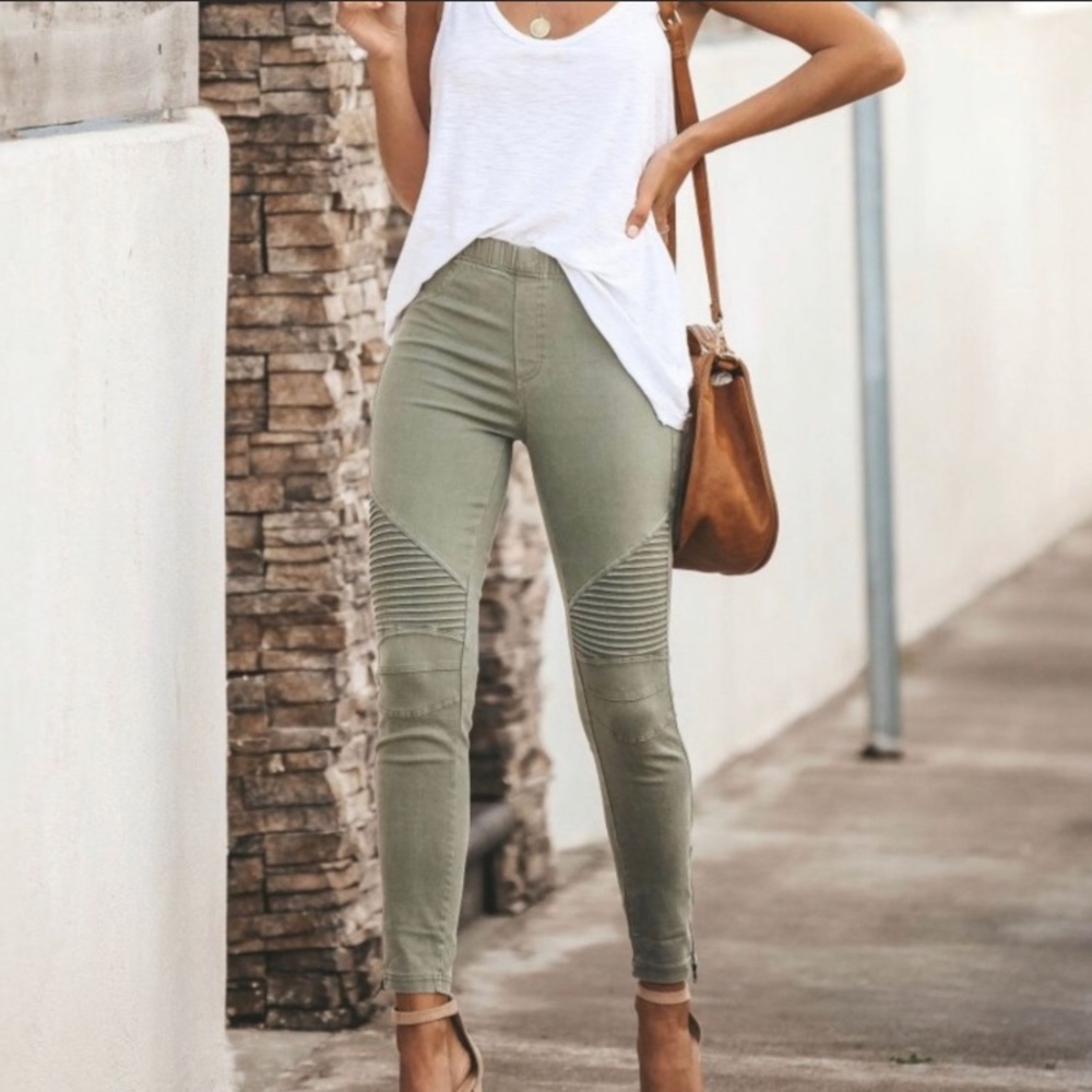 Beulah Olive Green Moto Jeggings
